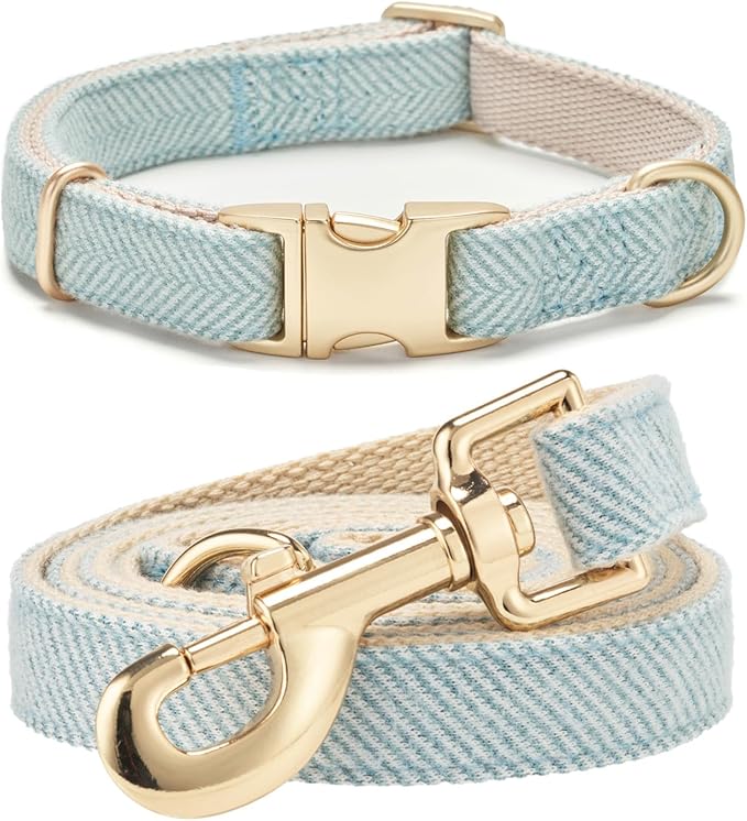 Soft Hemp Dog Collar and Leash Set Adjustable Woven Tweed Dog Collars with Metal Buckle and Lead for Small Medium Large Dogs,Blue