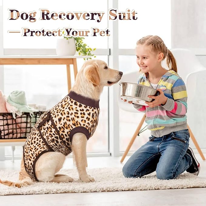 Kuoser Recovery Suit for Dogs, Comfy Dog Recovery Suit Female Doggie Onesie for Surgery, Post-Op Onesie for Female & Male Dogs, Soft Protective Wear, BrownLeopard XXL