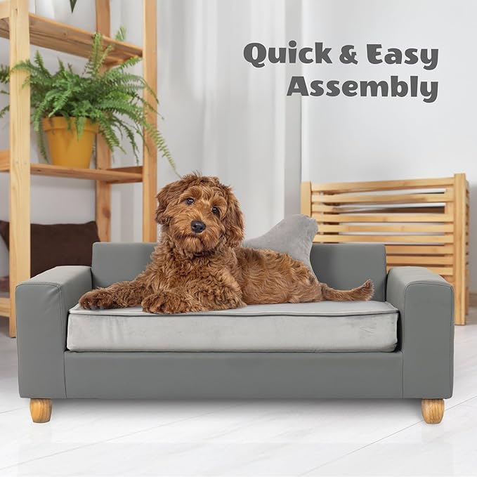 CRITTER SITTERS 43” Faux Leather Ped Bed in Dark Grey, Durable Washable Sofa Couch for Large Cats & Dogs, Must Have Essential Furniture Accessory for Kittens & Puppies