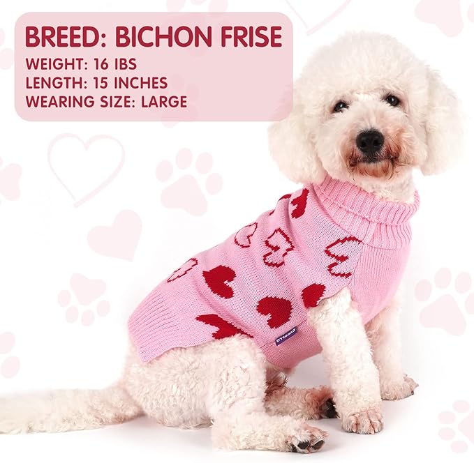 cyeollo Dog Sweater Valentines Day Knitted Pullover Turtleneck Heart Pattern Holiday Theme Pet Apparel with Leash Hole for Small Dogs Pink