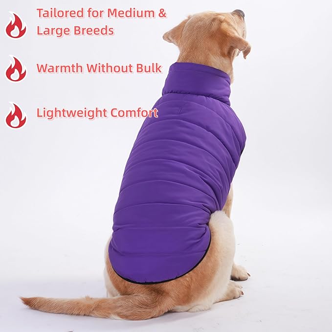 LovinPet Reversible Dog Puffer Coat for Medium & Large Dogs, Down‑Insulated Winter Jacket, Water‑Resistant & Wind‑Resistant, Anti‑Static, Dual-Sided Purple & Black for Cold Weather,XL