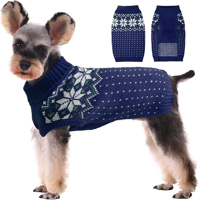 Kuoser Dog Christmas Sweater, Soft Warm Xmas Sweaters for Small Medium Large Dogs Boy Girl, Comfortable Dog Sweater with Leash Hole Snowflake Puppy Knit Outfit for Holiday Winter Fall, Blue 2XL