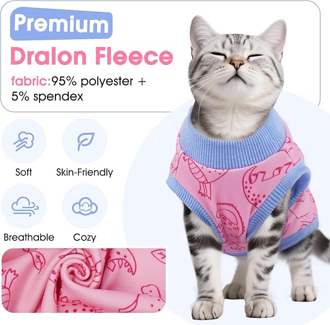 DENTRUN Sleeveless Cat Vest with Dinosaur Print, Breathable Ultra-Soft Dralon Fleece Cat Sweater, All-Season Pet Costume Apparel for Cats, Kitten Clothing for Indoor/Outdoor, Pink, XL