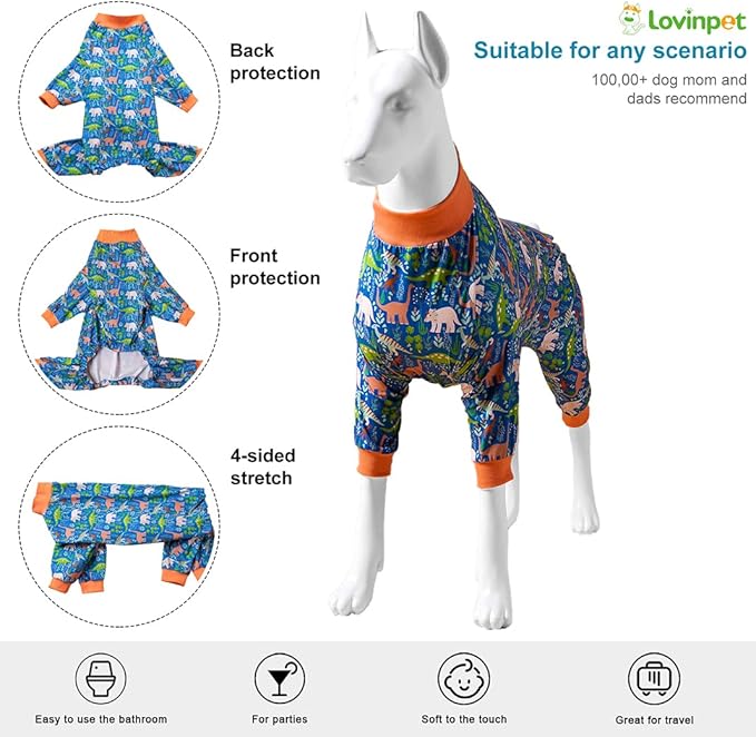 LovinPet Large Breed Dog Clothes Pajamas, Wound Care/Post Surgery Full Coverage Shirt, Dinosaur Land Blue Print, Lightweight Stretchy Knit Pullover Dog Onesie, Pet Pajamas for Dogs, Pet PJ's, XL