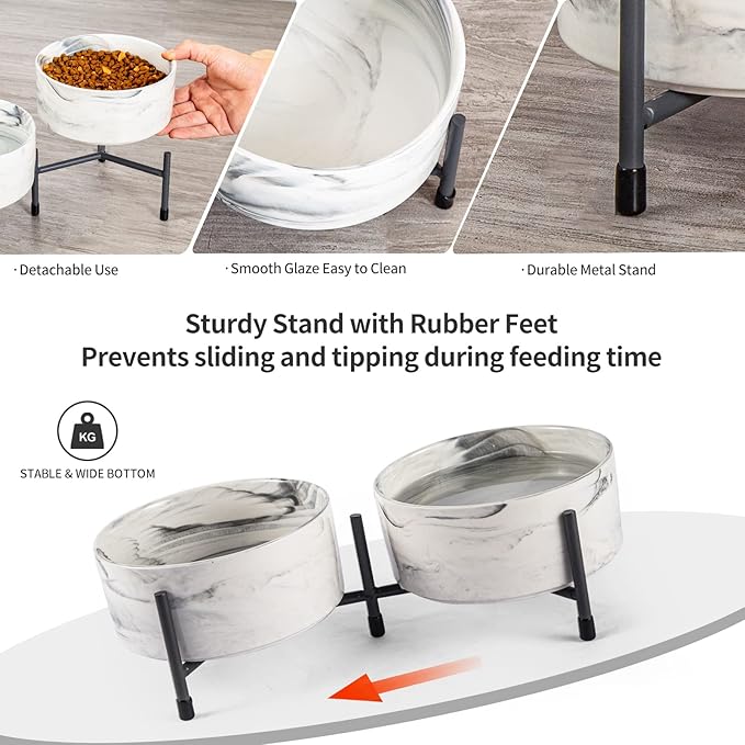 6 Inch Raised Ceramic Dog and Cat Bowl with Iron Stand, 32 OZ Modern Elevated Food and Water Bowls for Cats & Dogs, No Spill Porcelain Pet Feeder, Set of 2