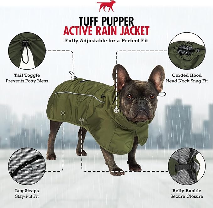 Tuff Pupper Waterproof Dog Raincoat | Full-Body Windproof Rain Jacket for Dogs | Reflective Strips | Breathable Mesh Lining | Adjustable Fit | Leash Port | Small Medium Large XL XXL Dogs (Olive, XXS)