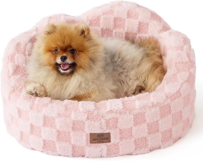 Joydeco Dog Bed for Small Dogs & Cats, Washable Cloud Pet Bed with Orthopedic Foam and Removable Checkered Plush Pad, Non-Slip Bottom for Indoor Puppies and Kittens, 22x20 Inch, Pink