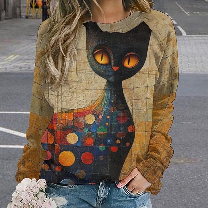 Biacolum Long Sleeve Shirts for Women Mid Century Retro Style Atomic Cat 3D Graphic Sweatshirts Fall Crewneck Pullover Top