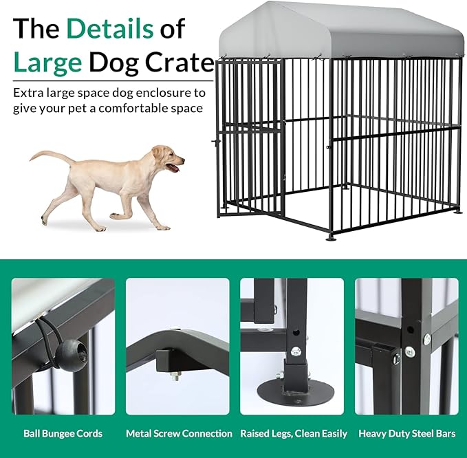 VIVIJASON 6 x 6 x 6 Ft Outdoor Dog Kennel, Heavy Duty Large Metal Frame Dog Cage with Thickened Bars, UV & Waterproof Cover, Outside Pen Playpen Dog Run House for Large to Small Dogs