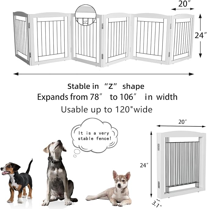 ZJSF Freestanding Dog Fence Indoor, Foldable Dog Gate for Doorways, Stairs or Hallways, Sturdy Wood Extra Wide Pet Gate with Support Feet for The House, White, 24 "Height-6 Panels