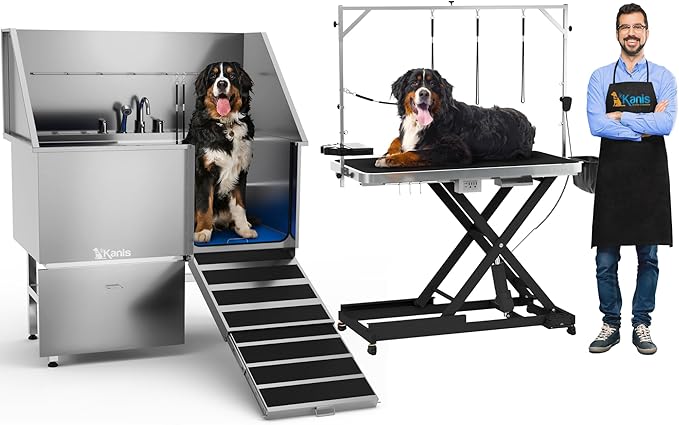 KANIS - 49" Professional Electric Dog Grooming Table, Black + 50" Professional Stainless Steel Dog Bathing Station, Right RAMP