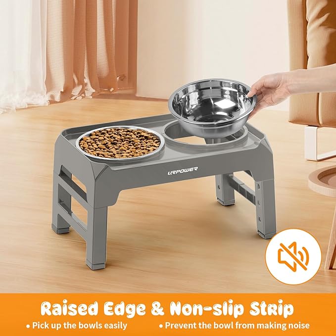 URPOWER 4 Height Adjustable Elevated Dog Bowls - 50oz Large Capacity Stainless Steel Bowls, No-Spill Edge, Non-Slip Stand for Small, Medium, Large Dogs & Pets