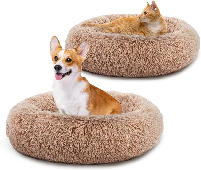 DUMOS 24.8x24.8 Inch Calming Donut Dog Beds for Medium Dogs, Machine Washable Cuddler Warming Cozy Fluffy Faux Fur Plush Round Pet Bed, Anti-Slip Bed for Indoor Dogs and Cats, Brown(2 Pack)