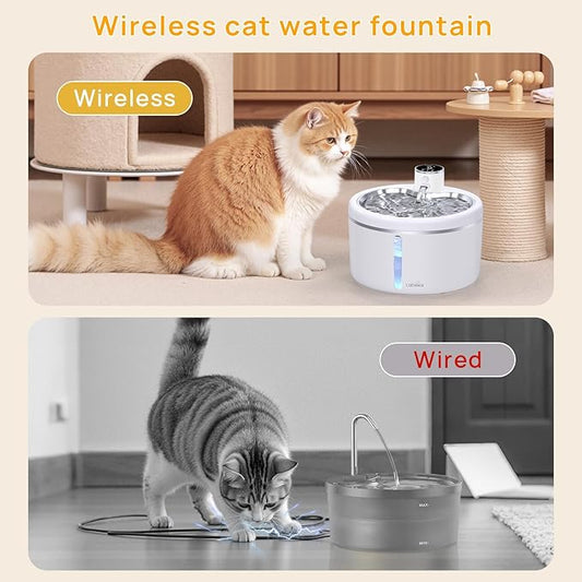 Wireless Cat Water Fountain with Stainless Steel Tray, 102oz/3L Pet Water Fountain for Cats Inside, Cat Fountain for Drinking with Motion Sensor, Ultra Quiet Pump, Cats & Dogs Gifts (2Filters)