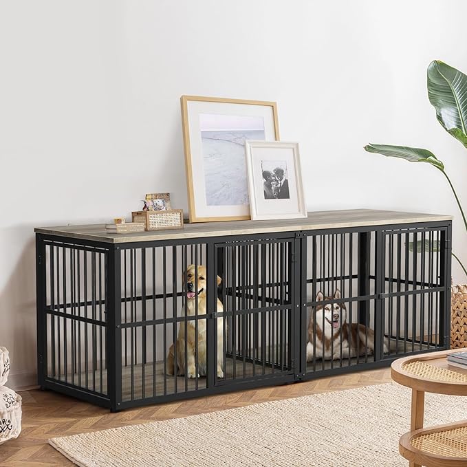 Lyromix 86.62''Dog Crate Furniture Large Breed TV Stand with Double Rooms,Wooden Dog Kennel Dog Crate End Table with Removable Divider for Large Medium Dogs, Can Use Separately