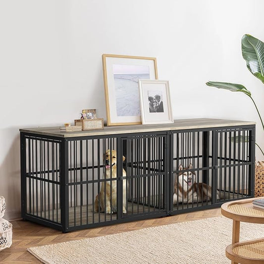Lyromix 86.62''Dog Crate Furniture Large Breed TV Stand with Double Rooms,Wooden Dog Kennel Dog Crate End Table with Removable Divider for Large Medium Dogs, Can Use Separately