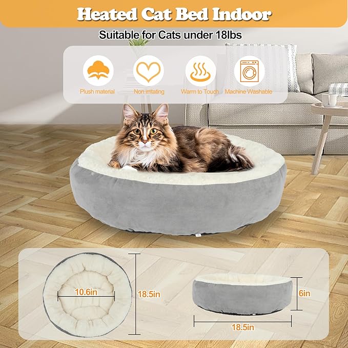 YUEPET 19" Heated Cat Bed Indoor, Donut Heated Pet Beds with Temp Adjustable & Timer, Calming Kitty Heating Bed Heating Pet Bed for Kittens Elderly Cats Non-Slip Grey Cats Nest