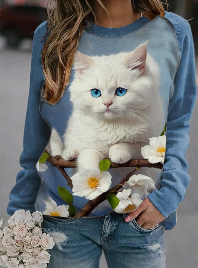 IVERIRMIN Womens 3D Cat Crewneck Sweatshirts Casual Cute Long Sleeve Shirts Pullover Tops Graphic Loose Fit Sweater for Women