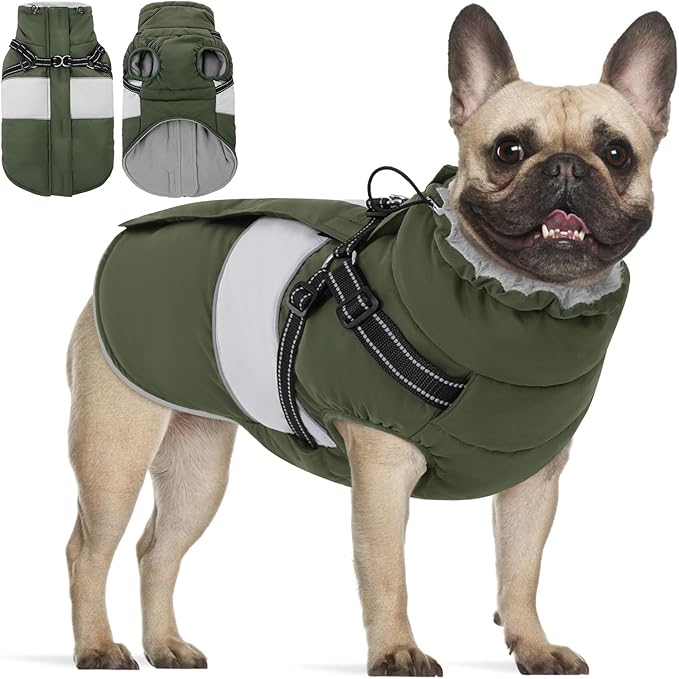 KOESON Dog Coat, Warm Dog Winter Jacket with Harness Built-in for Easy Walk, Fleece Lined Cold Weather Coat for Medium Dogs, Waterproof Puffer Jacket for French Bulldog, Corgi, Beagle, Army Green M