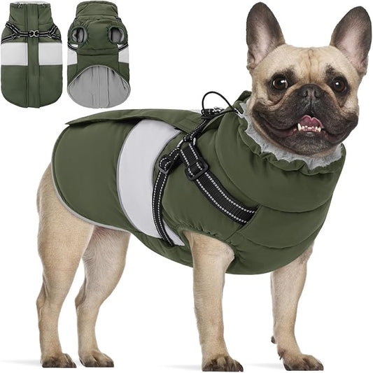 KOESON Dog Coat, Warm Dog Winter Jacket with Harness Built-in for Easy Walk, Fleece Lined Cold Weather Coat for Medium Dogs, Waterproof Puffer Jacket for French Bulldog, Corgi, Beagle, Army Green M