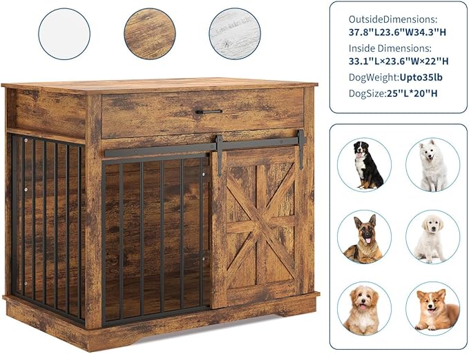 37.8" Dog Crate Furniture for Small Medium Dogs, 2-in-1 Iron-Wood Fusion Dog Cage Indoor As Side End Table, Farmhouse Dogs Kennel with Sliding Barn Doors & Drawer, Brown