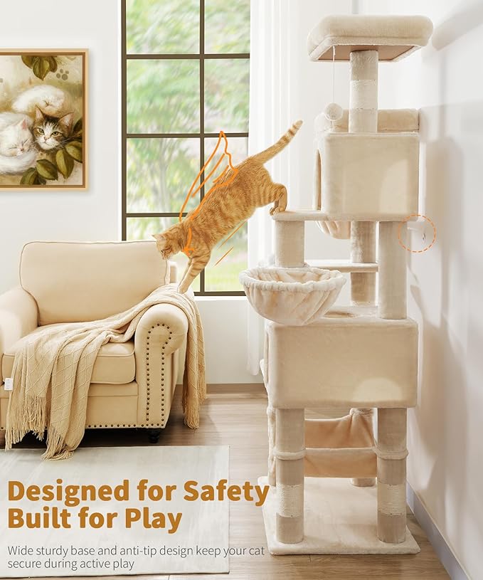 AMHANCIBLE Tall Cat Tree, 70 Inch Cat Tower for Indoor Cats, Multi-Level Cat Tree with Scratching Post, Hammock, Hanging Basket, Large Cat Condos for Adult Cats Kittens, Beige, PT18BG
