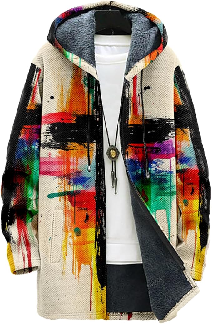 MARSVOVO Cool Hippie Long Cardigan Hoodies for Men Zipper Fleece Lined Knit Coat Skull Animal Print Graphic Jackets