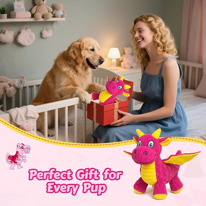 Squeaky Dog Toys - Soft Plush Dragon Dog Toy with 5 Squeakers & Crinkle Paper, Dog Toys for Small, Medium and Large Dogs (Pink,10")