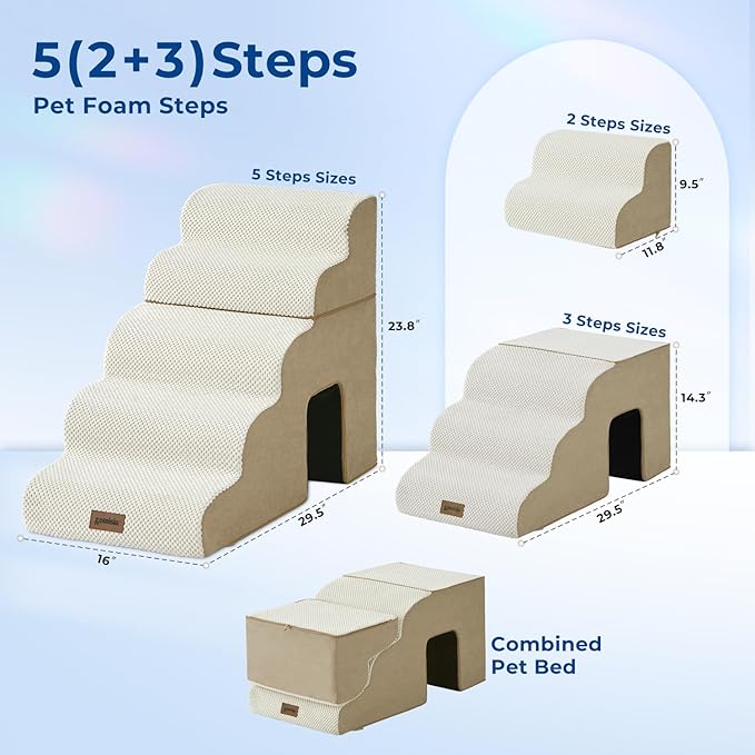 Dog Stairs for Large Dogs - 5 Steps 24" H Pet Ramps for High Bed 2 in 1 with Zippers Suitable for Cats, Indoor Cat Ladders with Non-Slip Bottom, Beige