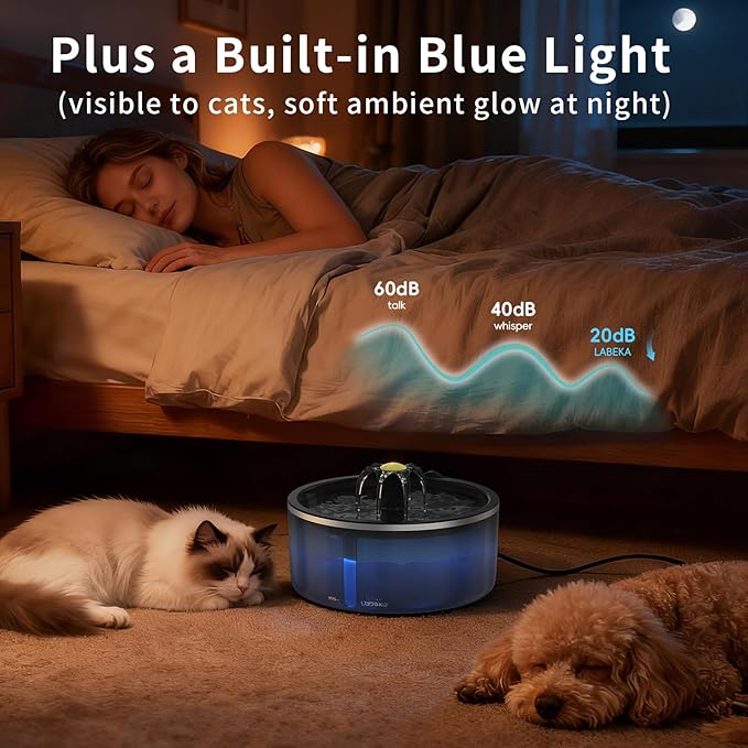 Cat Water Fountain with Dual Filtration System, 2.5L/84oz Pet Water Fountain for Cats Inside, Cat Fountain for Drinking with Ultra Quiet Pump(≤20dB)& LED Blue Light - for Pets Small Animals(2Filters)