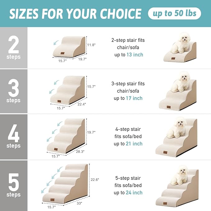 Dog Stairs for Small Dogs 11.8" H, Curved Dog Step for Puppy, Older Cat, Medium Pet Ramp for Sofa, Couch or Chair, Ladder with High Density Foam, 2 Step, Beige