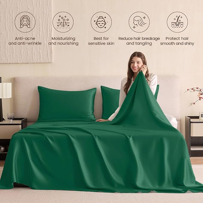 THXSILK Silk Sheet Set 4Pcs, 6A+ Top Grade 100% Pure Mulberry Silk Bed Sheets Ultra Soft Durable Luxury Bedding Sets, 1 Fitted Sheet, 1 Flat Sheet and 2 Pillowcases (Twin, Emerald Green)