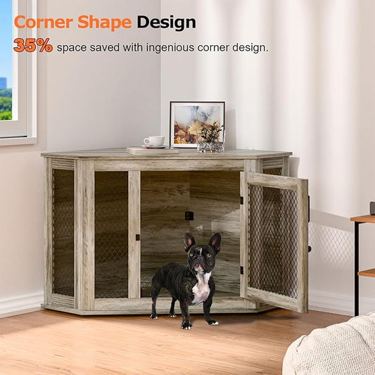 Coner Dog Crate Furniture, 44" Wooden Dog Kennel Furniture End Table with Mesh, Dog Kennel Indoor Furniture for Small Medium Dogs, Modern Decorative Wood Pet House Dog Cage Crate, Grey