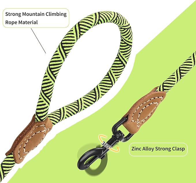 Mile High Life | Mountain Climbing Dog Rope Leash with Heavy Duty Metal Sturdy Clasp | Genuine Leather Tailored Connection with Strong Stitches (Lime Green, 60 Inch (Pack of 1))