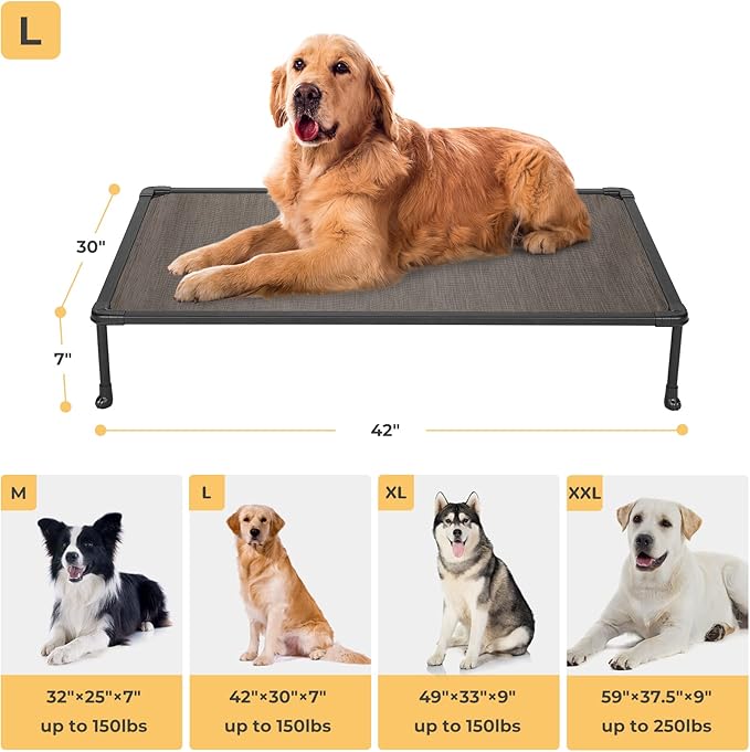 Veehoo Chewproof Elevated Dog Bed - Cooling Raised Pet Cot, Breathable Mesh, Washable & Non-Slip for Large Dogs, Indoor/Outdoor, Brown Mat and Black Frame, 42x30inches (Model CWC2203A03)