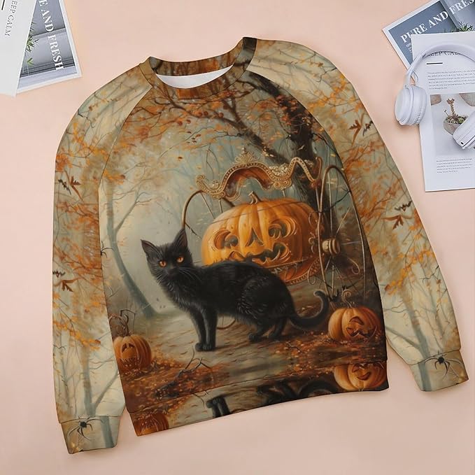 Womens novelty funny cat printed crewneck sweatshirt casual loose long sleeve graphic pullover sweatshirts tops