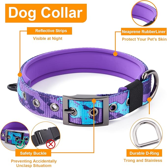 Annchwool No Pull Dog Harness,Collar & Leash Set|Dog Harness with Handle+Heavy Duty Dog Collar+Dog Leash with Double Handle & Car Seatbelt Clip|Easy for Walking Medium Large Size Dogs(Camo Purple,L)