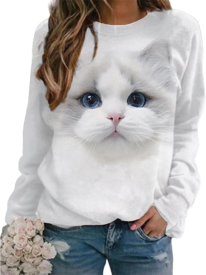 IVERIRMIN Women's 3D Cute Cat Print Sweatshirt Casual Long Sleeve Crewneck Cute Cat Pullover Loose Fit Shirts