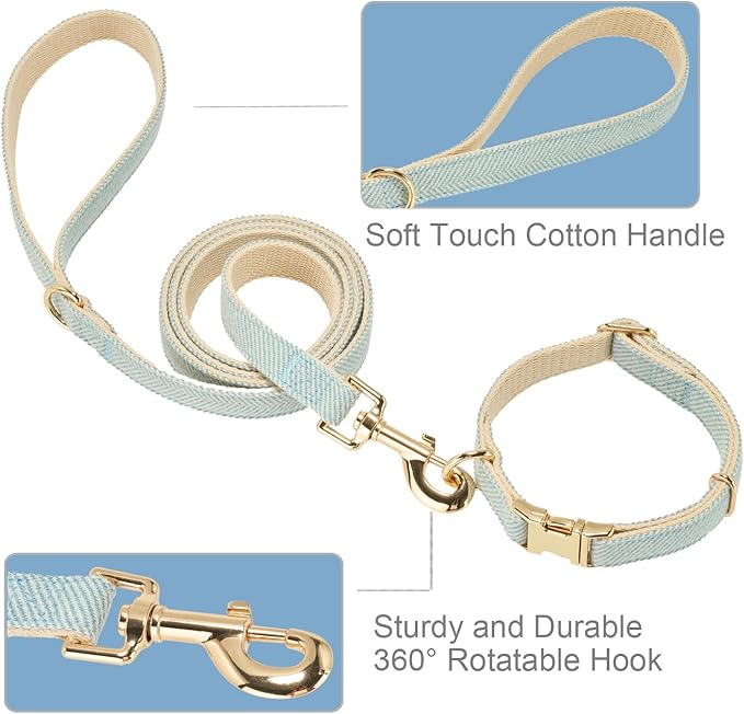 Soft Hemp Dog Collar and Leash Set Adjustable Woven Twilled Dog Collars with Metal Buckle and Lead for Small Medium Large Dogs,Blue
