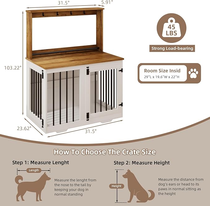 Dog Crate Furniture, Wooden Dog Crates for Small Dogs, Dog Kennel Indoor with Storage Shelf, 4 Hooks, Heavy Duty Dog Crate for Small/Medium Dogs, White
