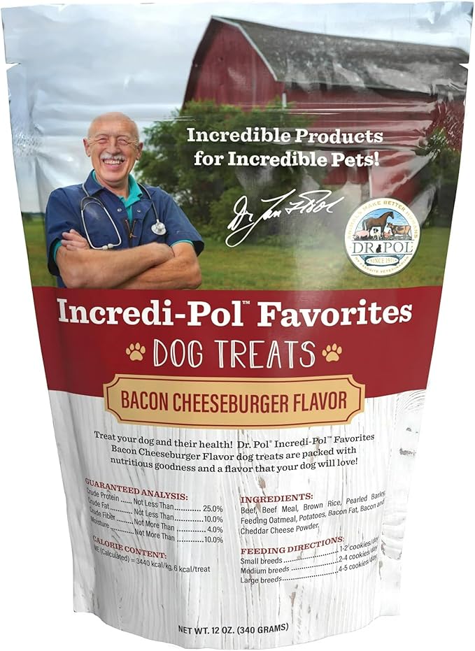 Dr. Pol Healthy All Natural Dog Treats - Incredi-Pol Gourmet Pet Treat Pack Made in USA, Baked Puppy Training Biscuits for Large or Small Dogs, Corn-Free, Bacon Cheeseburger, 12oz x4