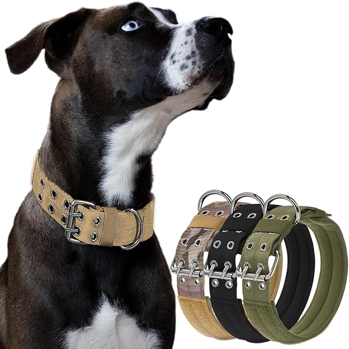 JSXD Tactical Dog Collar,Military Grade Nylon with Soft Padded Lining,1.5 inch Wide,Metal Buckle with 5 Adjustable Points,Heavy Duty Dog Collar for Medium Large Dogs (Khaki, X-Large)