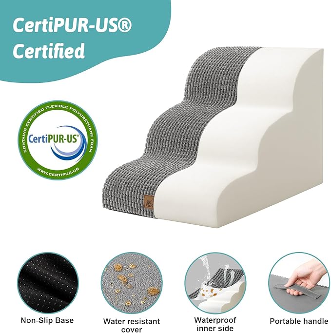 Dog Stairs for Small Dogs 15.7" H, Curved Dog Step for Puppy, Older Cat, Medium Pet Ramp for Sofa, Couch or Chair, Ladder with High Density Foam, 3 Step, 15.7x22.4x15.7 inch, Dark Grey