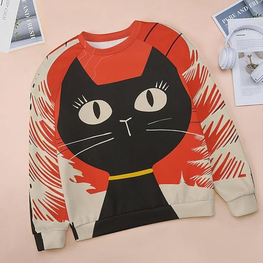 Biacolum Long Sleeve Shirts for Women Mid Century Retro Style Atomic Cat 3D Graphic Sweatshirts Fall Crewneck Pullover Top