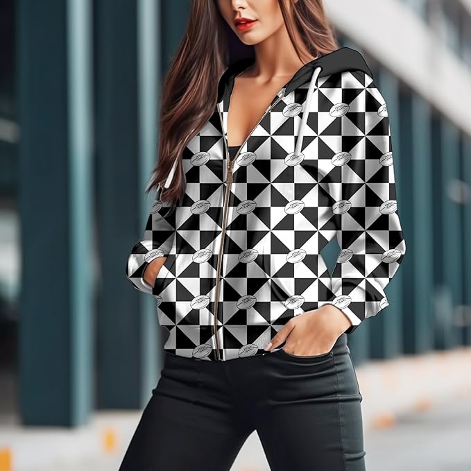 Women's Zip Front Plaid Sweatshirts Print Hoodie Fall Jackets Long Sleeve Casual Drawstring Clothes