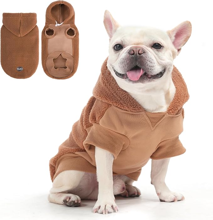 BINGPET Dog Hoodie with Leash Hole - Warm Fleece Dog Sweater with Hood for Cold Weather - Winter Coat for Puppy Small Medium Large Dogs Boy and Girl(Brown,S)