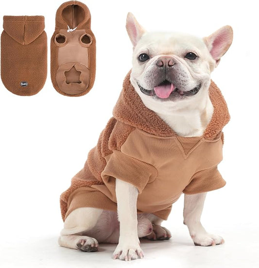 BINGPET Dog Hoodie or Sweater with Leash Hole, Warm Fleece Dog Sweatshirt, Cold Weather Coat for Puppy to Large Dogs, Boys or Girls (Brown, SM)