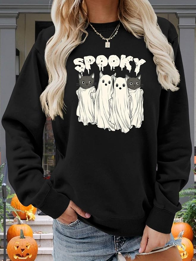 Womens Cat Print Hoodies Trendy Funny Cat Graphic Long Sleeve Sweatshirt Y2k Streetwear Hooded Pullover Tops