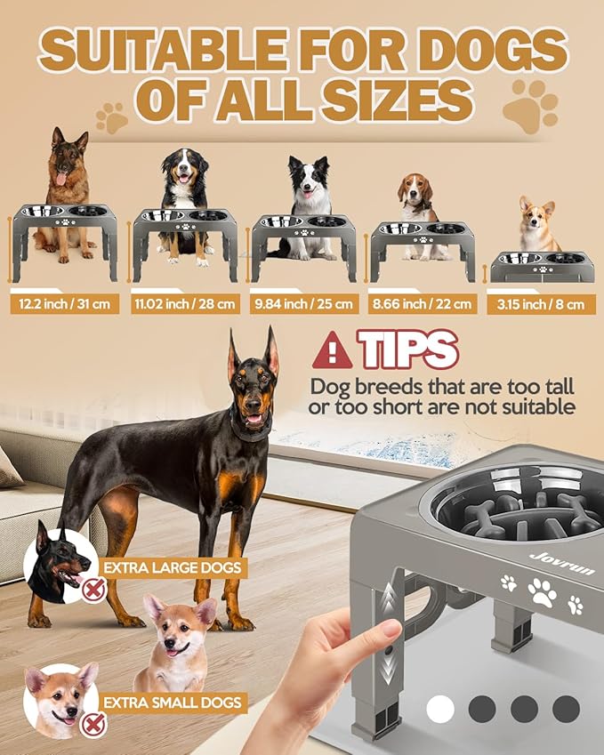 Elevated Dog Bowls, Dog Feeder with Stainless Steel Dishes & Slow Feeder Bowl, 5 Heights Adjustable Raised Stand for Medium Large, Food Dishes with Non-Slip Feet