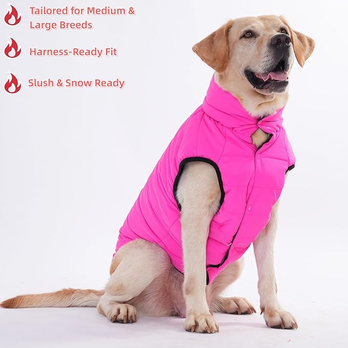 LovinPet Reversible Dog Puffer Coat for Medium & Large Dogs, Down‑Insulated Winter Jacket, Water‑Resistant & Wind‑Resistant, Anti‑Static, Dual-Sided Pink & Black for Cold Weather,XL